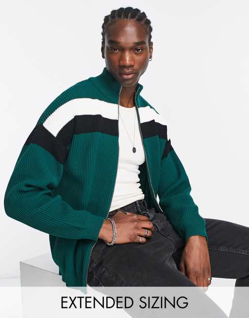 ASOS DESIGN ribbed track jacket with stripe in forest green | ASOS