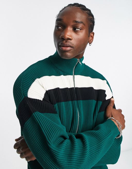 ASOS DESIGN ribbed track jacket with stripe in forest green | ASOS