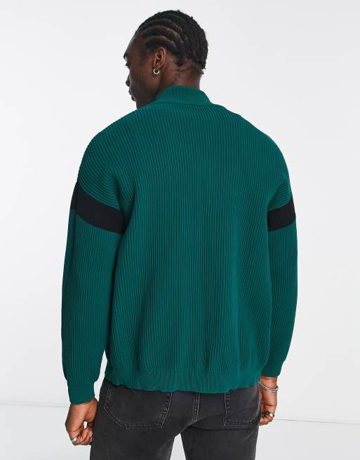 ASOS DESIGN ribbed track jacket with stripe in forest green | ASOS