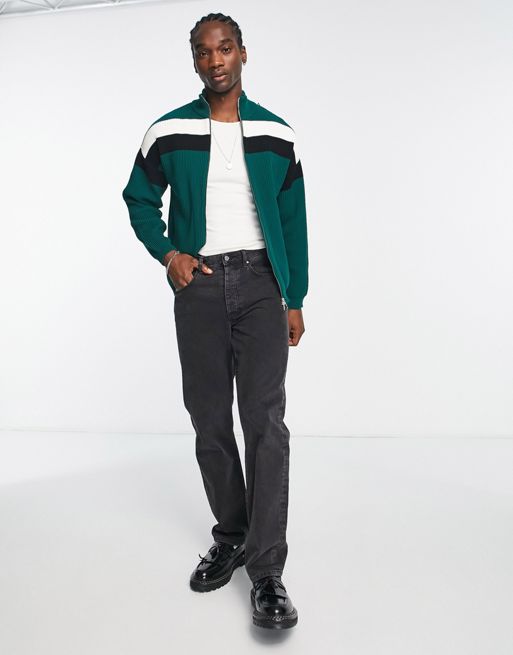 ASOS DESIGN ribbed track jacket with stripe in forest green | ASOS