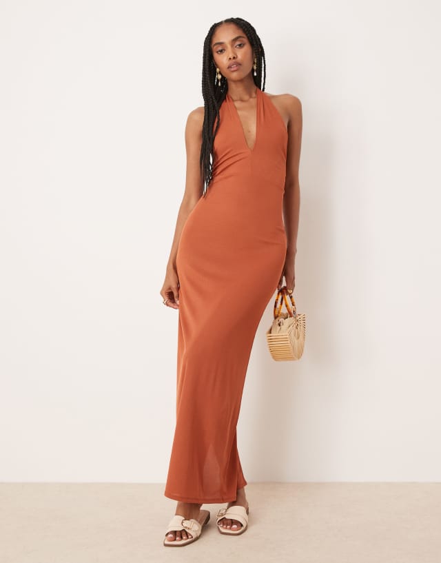 ASOS Design Ribbed Twist Halter Midi Dress in rust-Orange