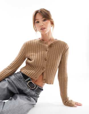 Asos Design Ribbed V Neck Cardigan With Open Neck In Mocha-neutral