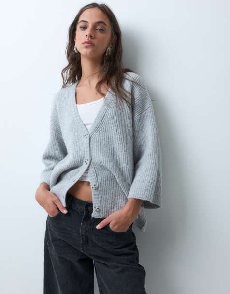 ASOS DESIGN ribbed v neck cardigan with wide 3/4 length sleeves in grey - view 1