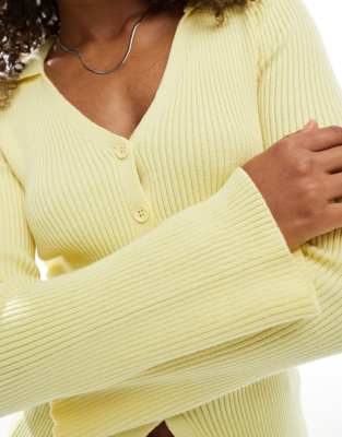 Asos Design Ribbed V Neck Collared Cardigan In Yellow