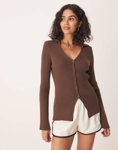 ASOS DESIGN ribbed v neck collared cardigan in chocolate - view 1