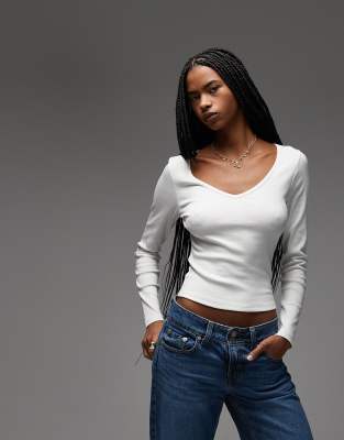 Asos Design Ribbed V-neck Long Sleeve Top In White