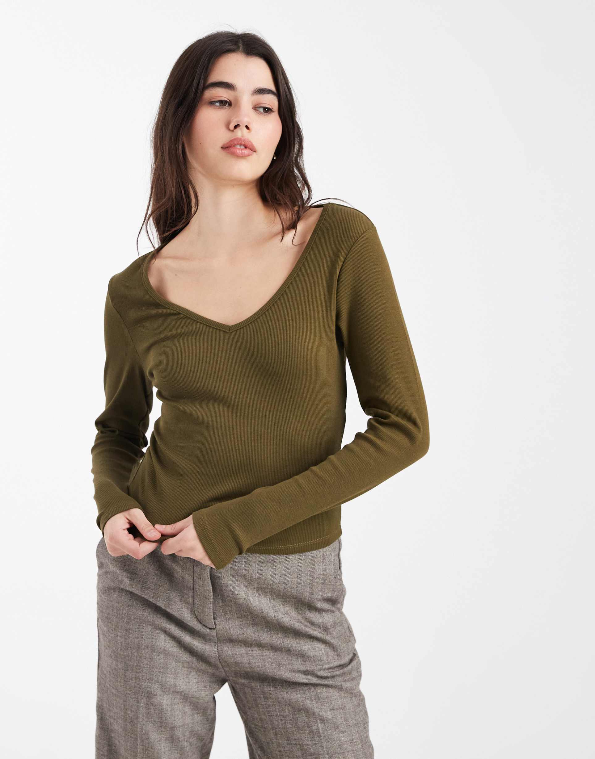 asos design ribbed v-neck long sleeve top in dark olive