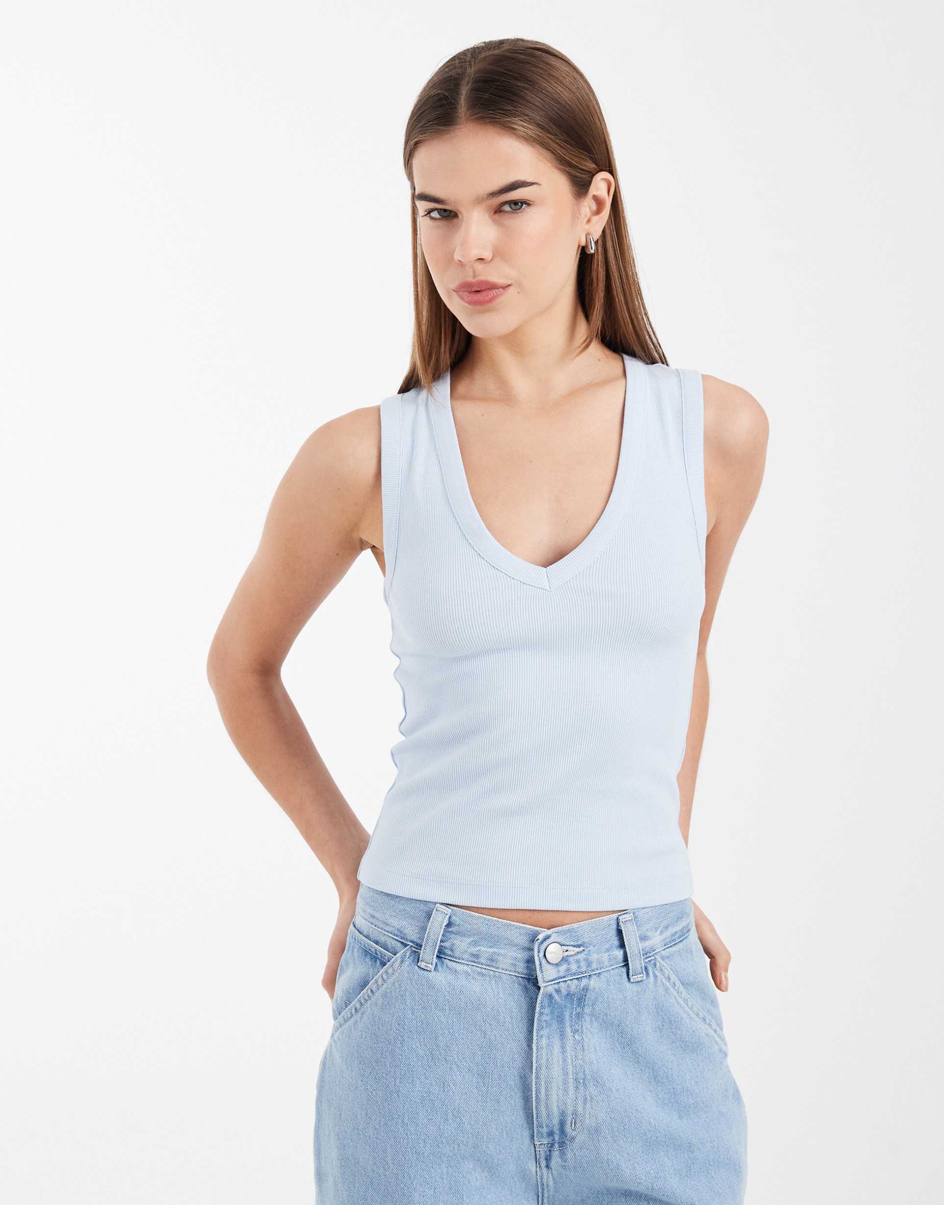 asos design ribbed v-neck tank top in baby blue
