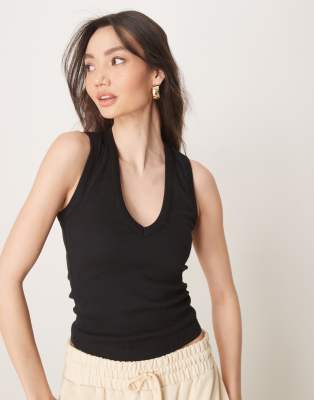 Asos Design Ribbed V Neck Tank Top In Black