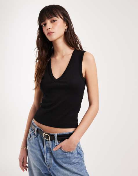ASOS DESIGN ribbed v neck vest in black