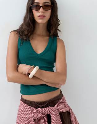 Asos Design Ribbed V Neck Tank Top In Green