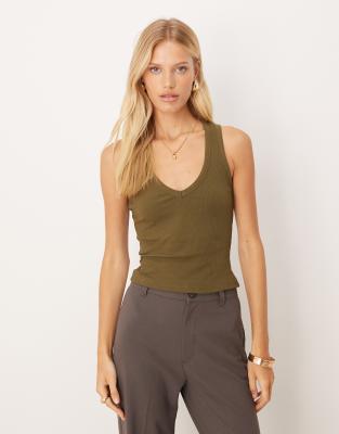 Asos Design Ribbed V Neck Tank Top In Green