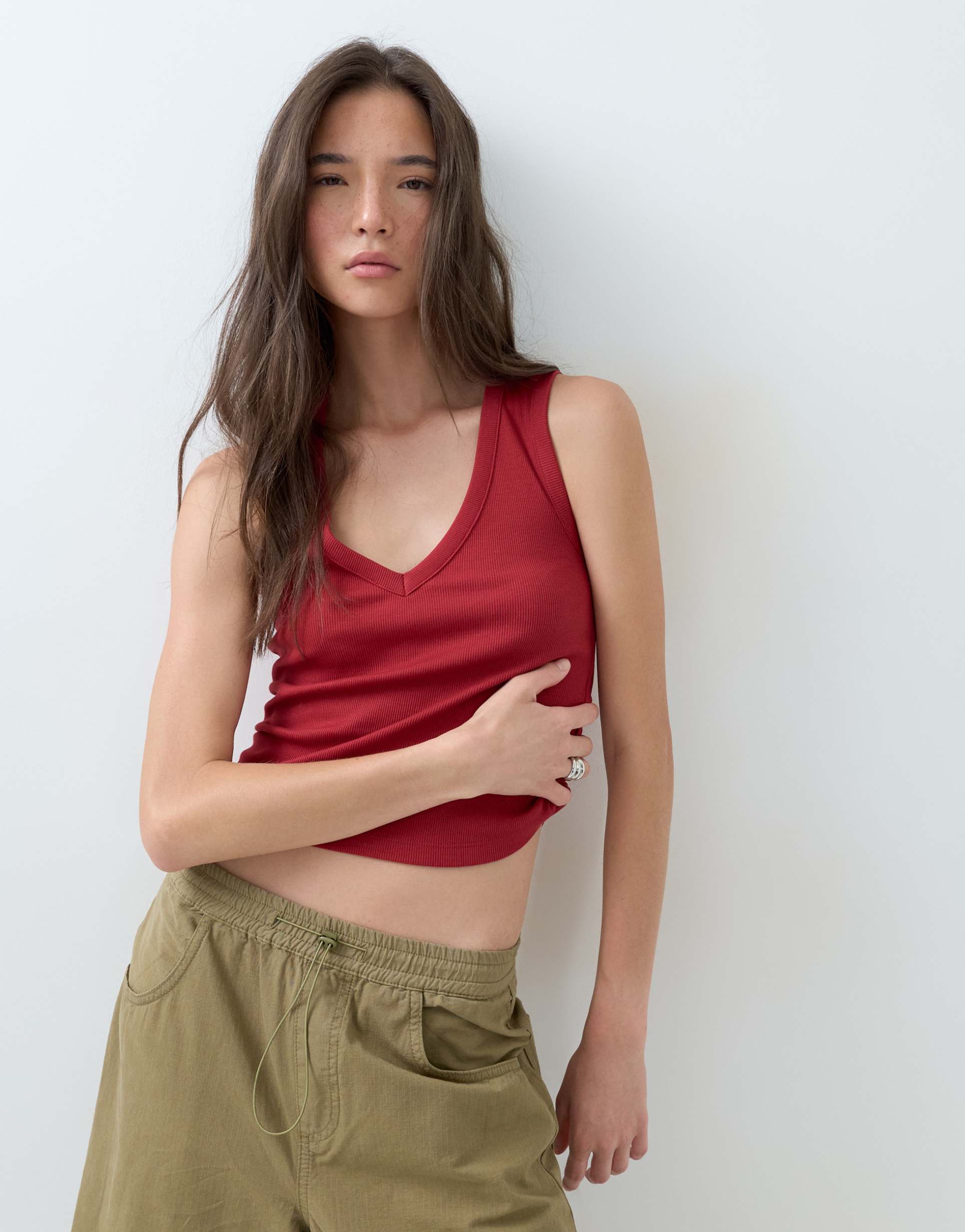asos design ribbed v neck tank top in deep red