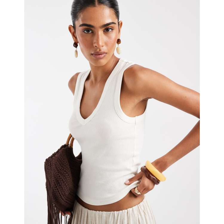 ASOS DESIGN ribbed v-neck tank top in ivory | ASOS
