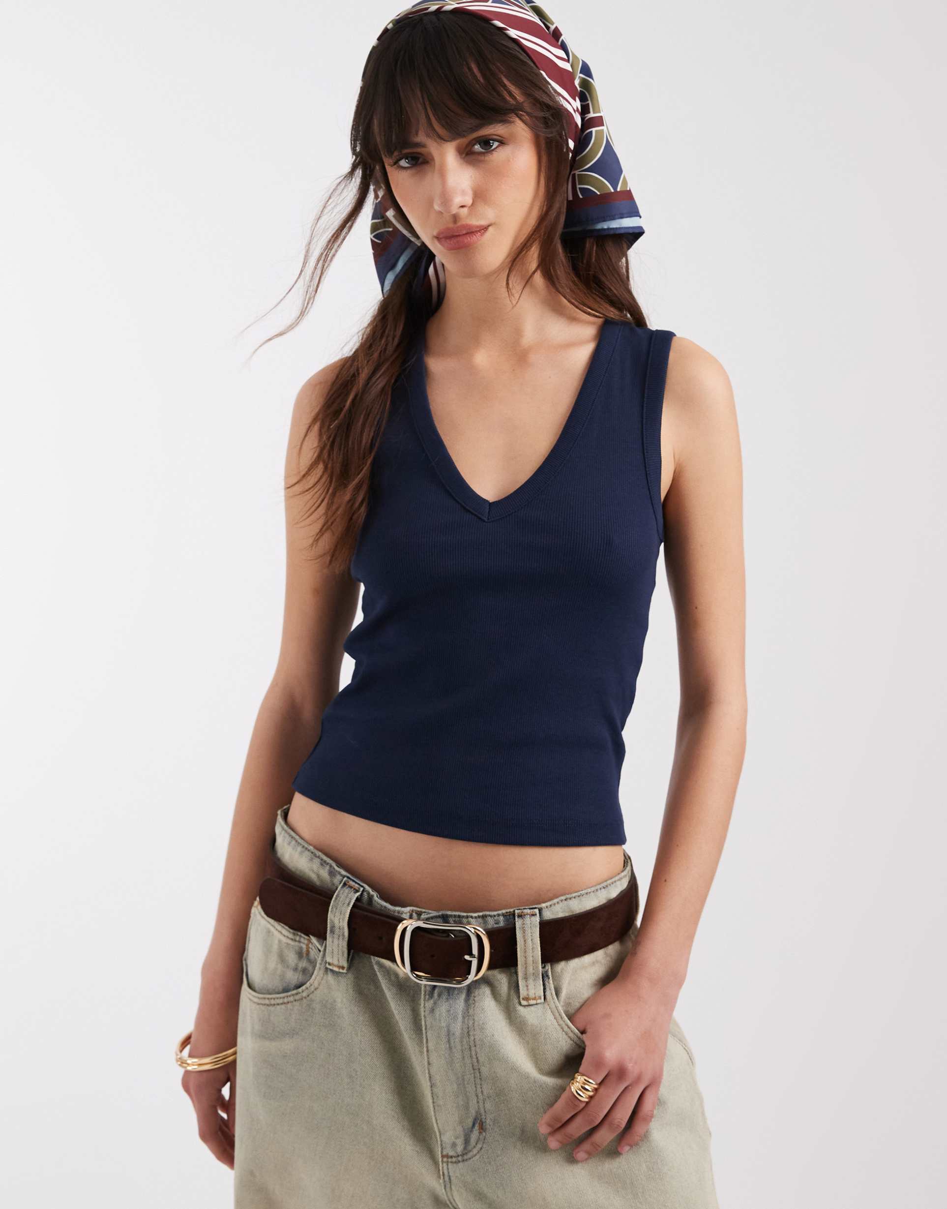 asos design ribbed v neck tank top in navy