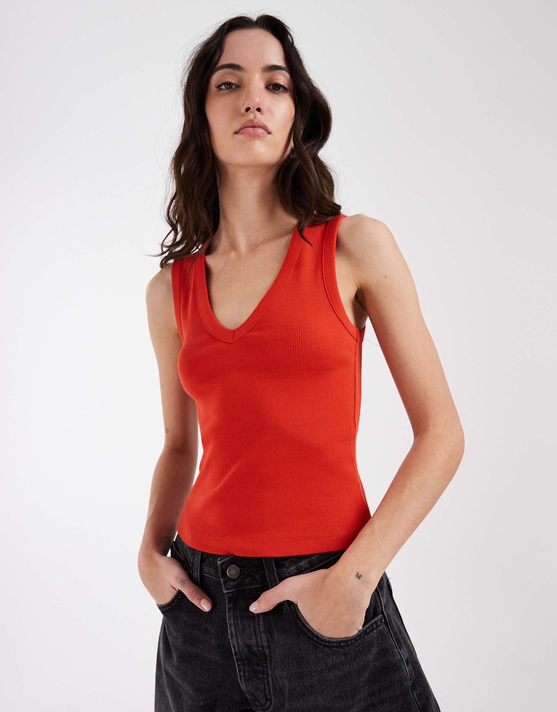 asos design ribbed v neck tank top in red