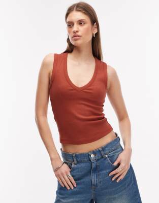 Asos Design Ribbed V-neck Tank Top In Brown