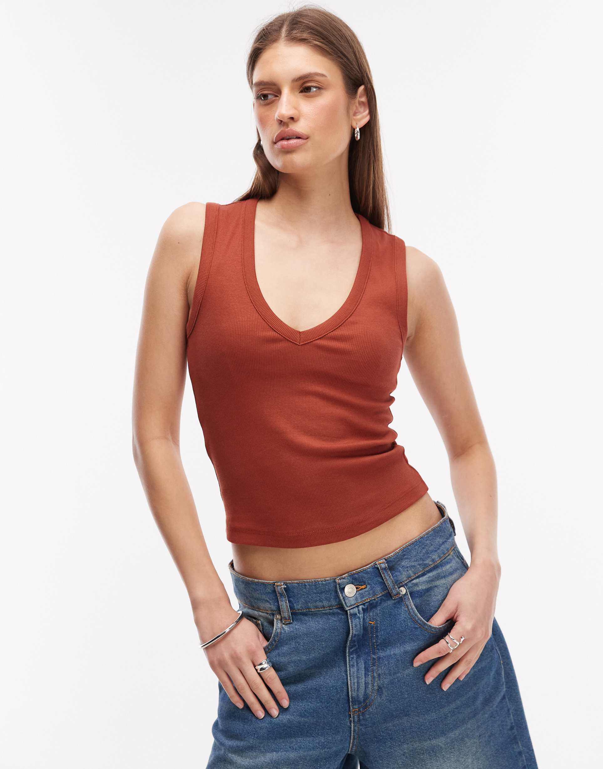 asos design ribbed v-neck tank top in rust