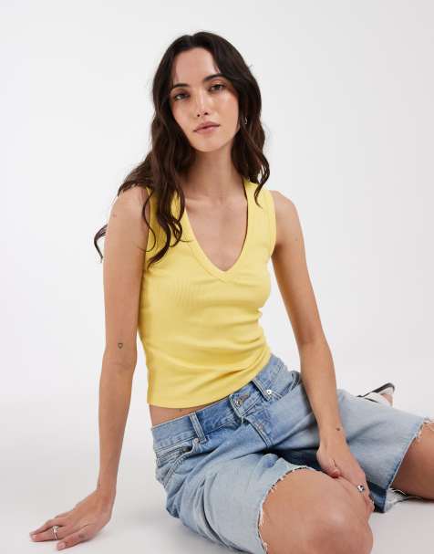 ASOS DESIGN ribbed v neck tank top in yellow - view 1