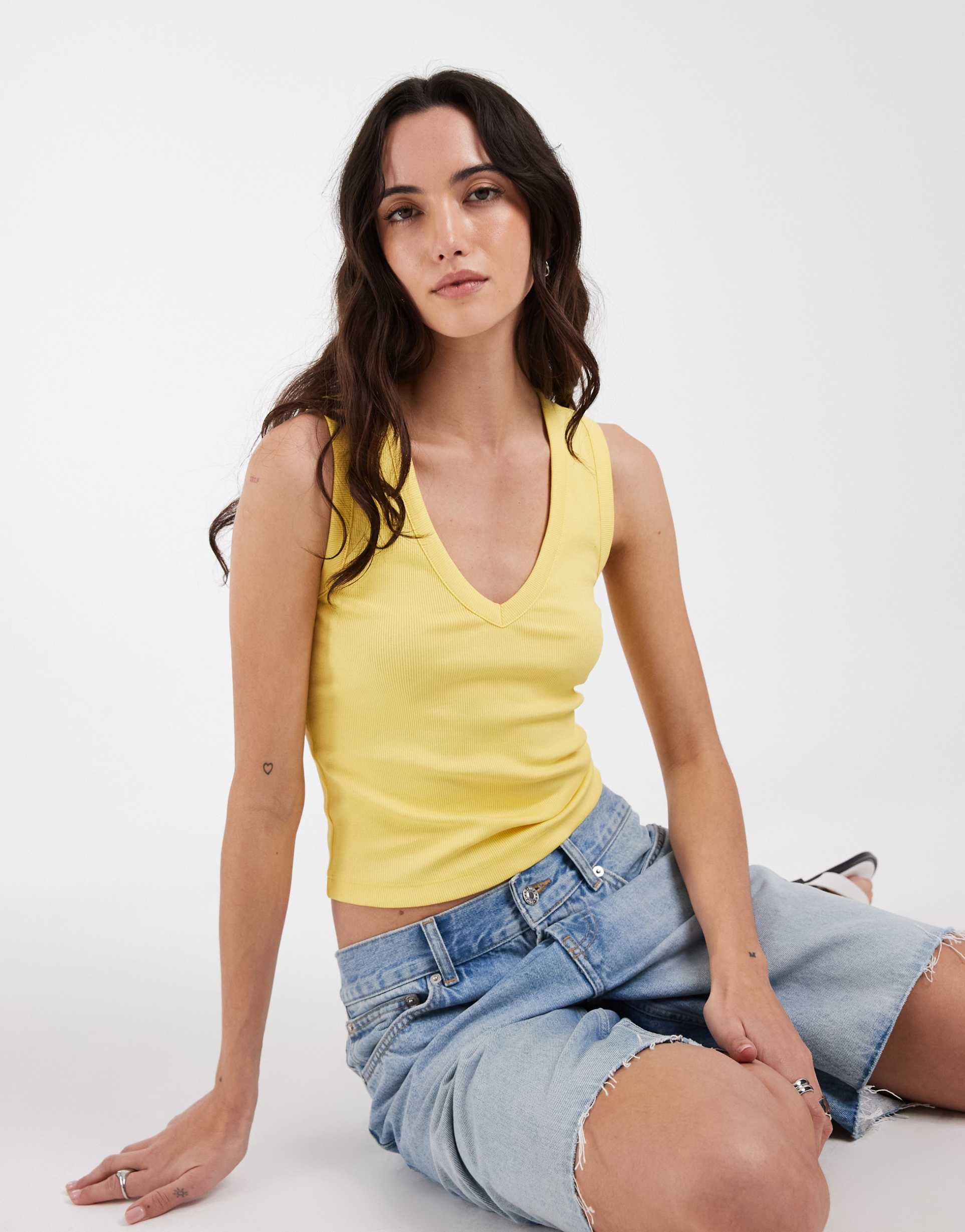 asos design ribbed v neck tank top in yellow