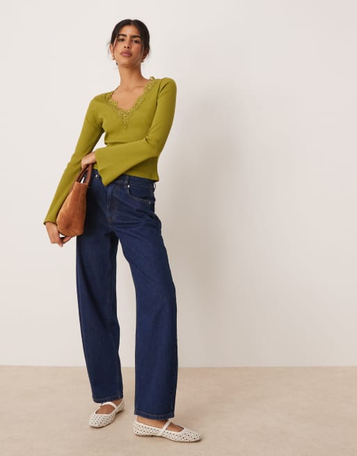 ASOS DESIGN ribbed v neck top with lace trim and flared sleeve in olive