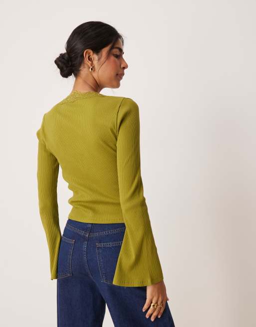 ASOS DESIGN ribbed v neck top with lace trim and flared sleeve in olive