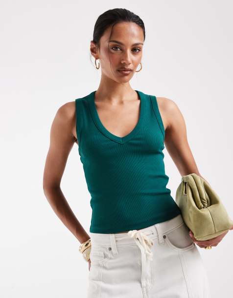 ASOS DESIGN ribbed v neck vest in dark green - view 1