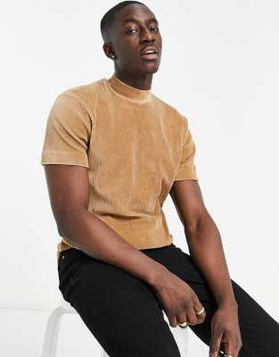 ASOS Design Relaxed Rib T-Shirt in Brown with Green Ringer