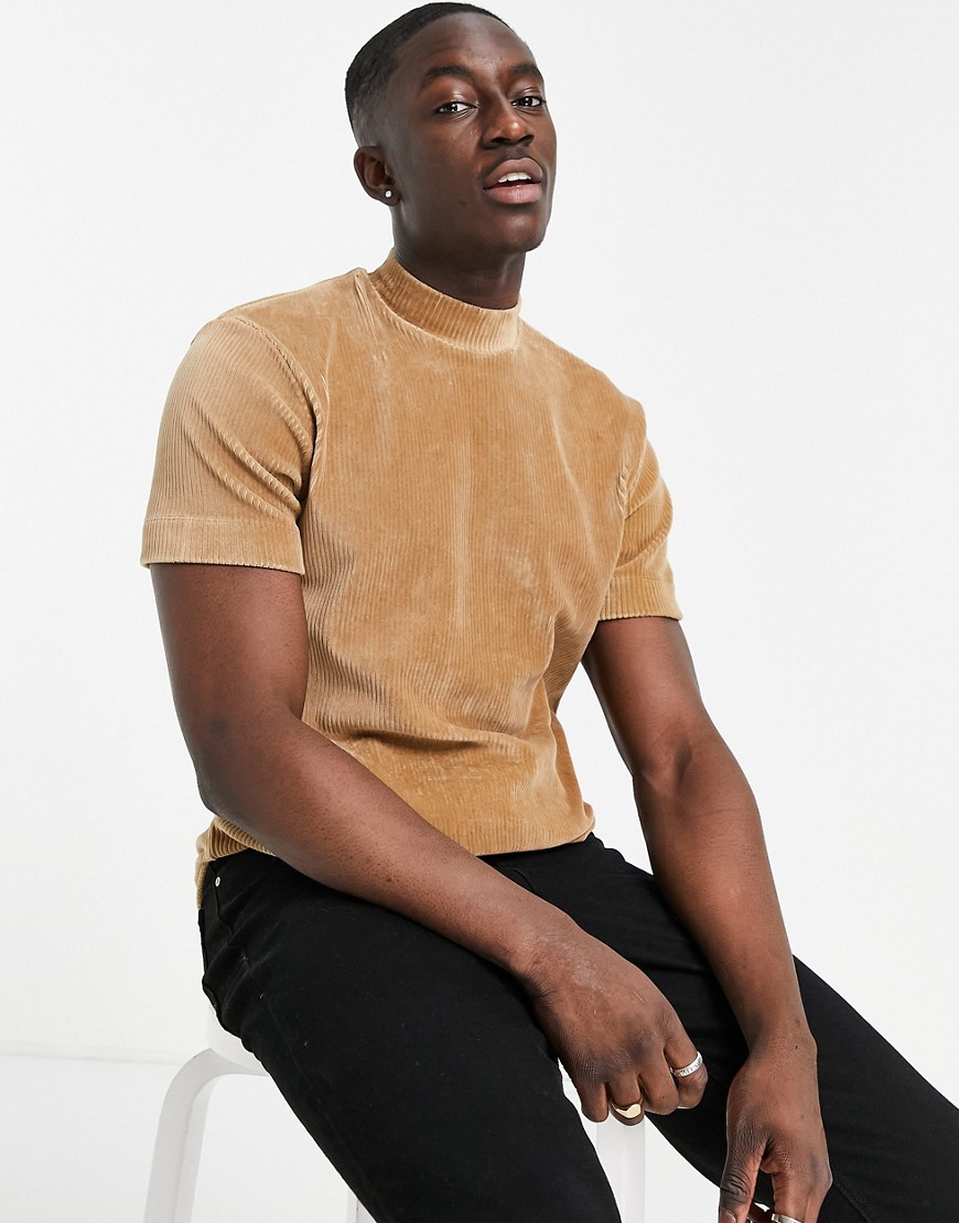 Asos Design Ribbed Velour Corduroy T-shirt With High Neck In Tan-brown