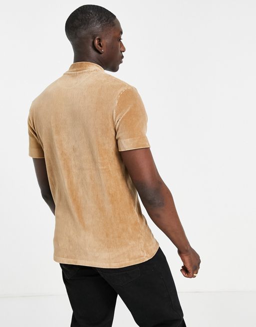 ASOS DESIGN ribbed velour corduroy T-shirt with high neck in tan