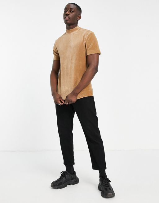 ASOS DESIGN ribbed velour corduroy T-shirt with high neck in tan