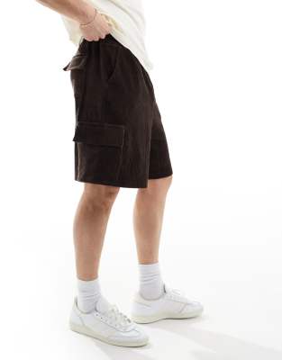 Asos Design Ribbed Velour Shorts In Brown With Cargo Pockets