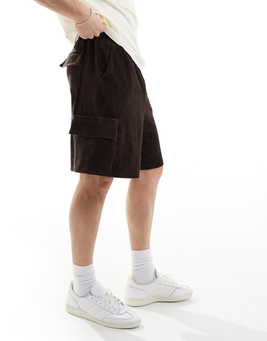ASOS DESIGN ribbed velour shorts in brown with cargo pockets
