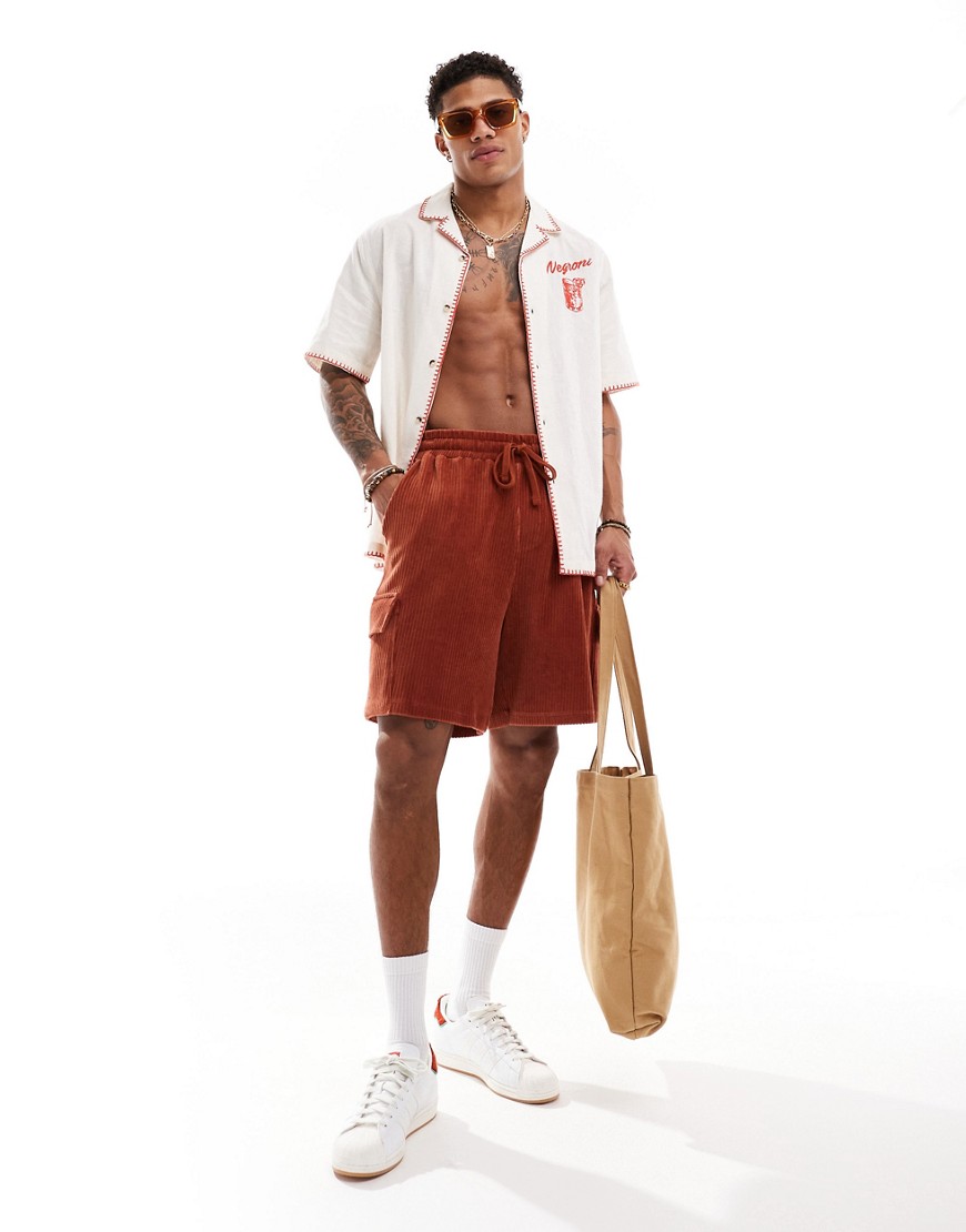 ribbed velour shorts in tan with cargo pockets-Brown