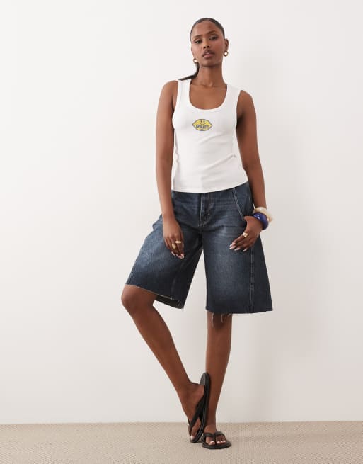 ASOS DESIGN Ribbed vest with lemon sticker embroidery in white, 2 of 4