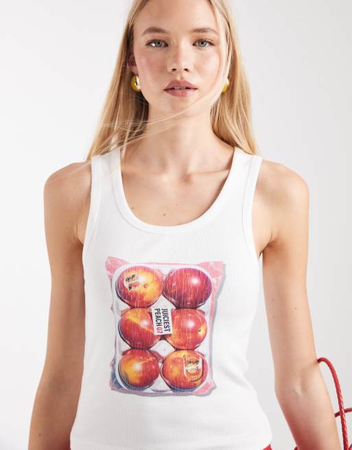ASOS DESIGN Ribbed vest with peaches graphic in white, 3 of 8