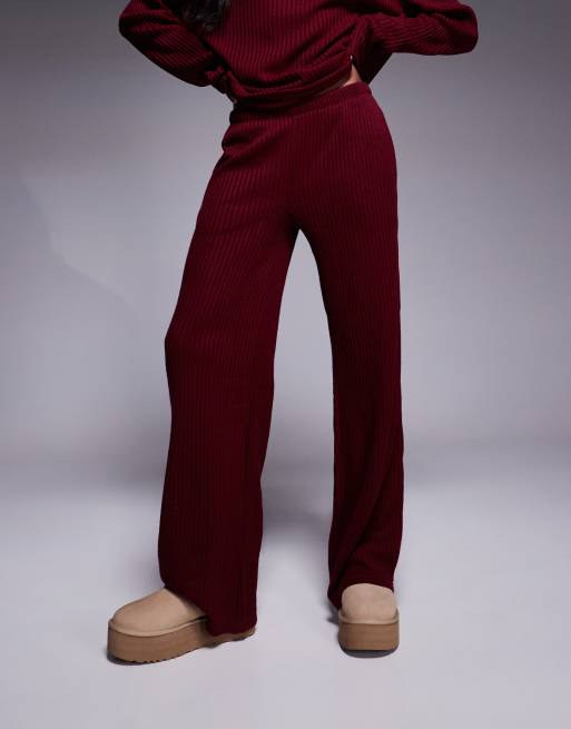 ASOS DESIGN ribbed wide leg jogger co-ord in burgundy, 3 of 5