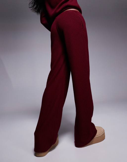 ASOS DESIGN ribbed wide leg jogger co-ord in burgundy, 4 of 5