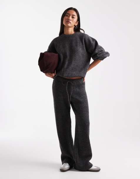 ASOS DESIGN ribbed wide leg knit pants in charcoal - part of a set - view 1