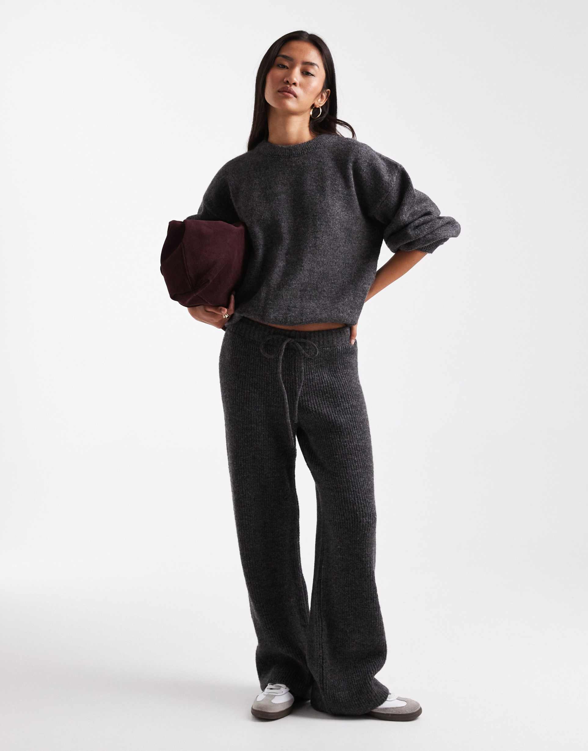 asos design ribbed wide leg knit pants in charcoal - part of a set