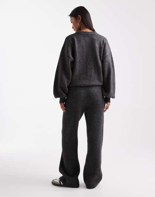 ASOS DESIGN ribbed wide leg knit pants in charcoal - part of a set, 4 of 5