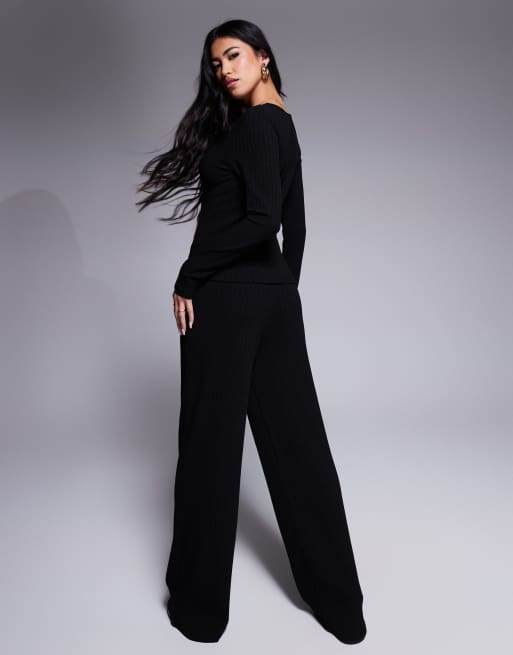ASOS DESIGN ribbed wide leg pants in black (part of a set), 4 of 5