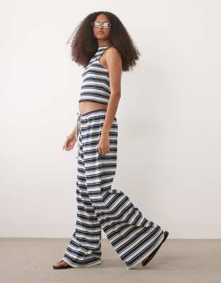 Asos Design Ribbed Wide Leg Pants In Blue