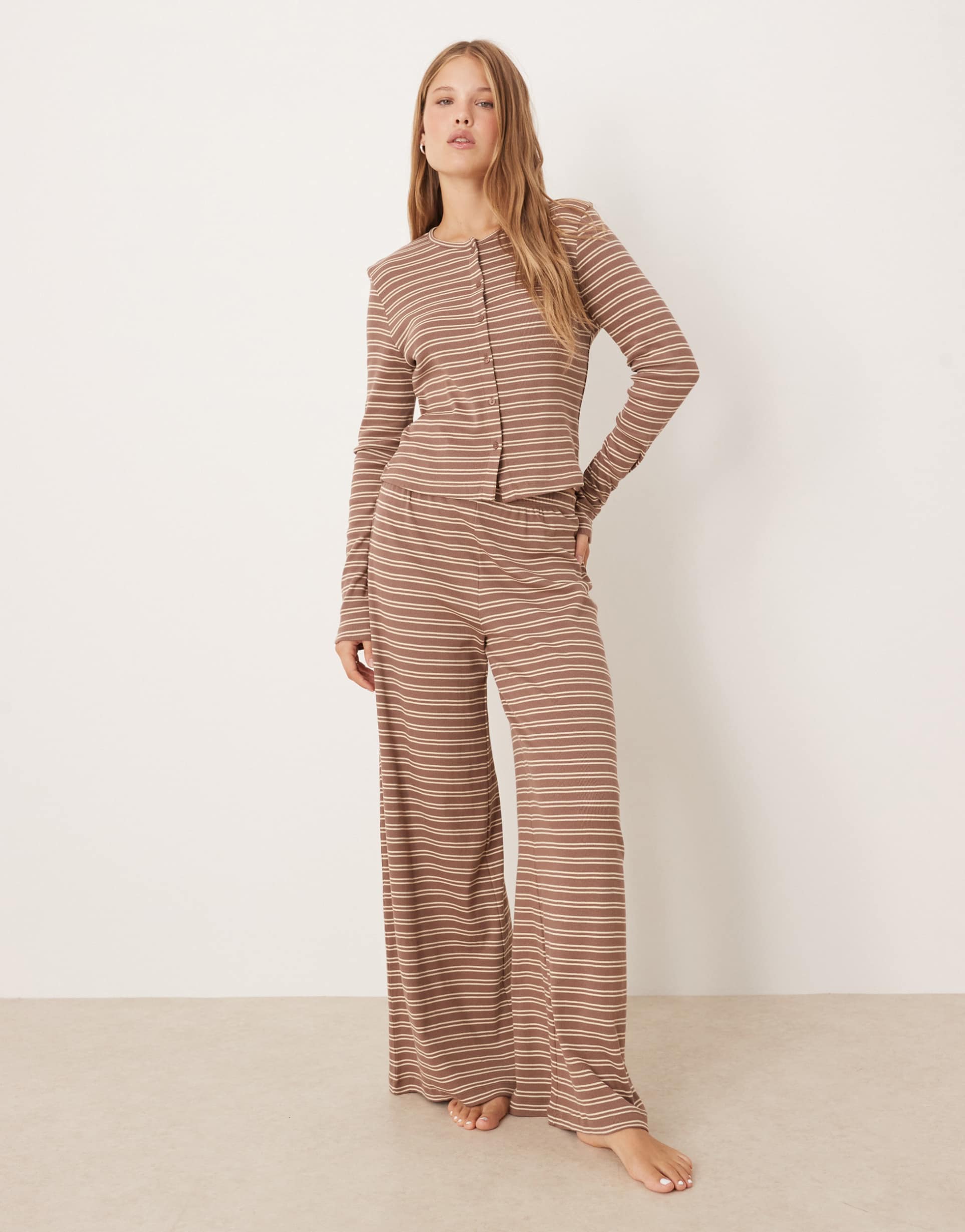 asos design ribbed wide leg pants in brown stripe