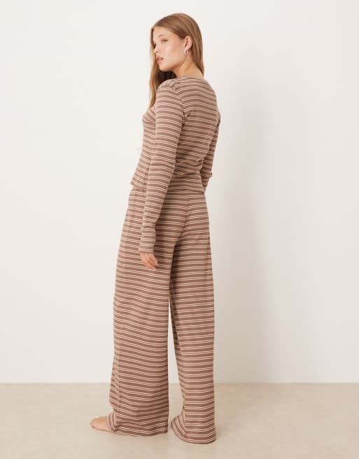 ASOS DESIGN ribbed wide leg trouser in brown stripe