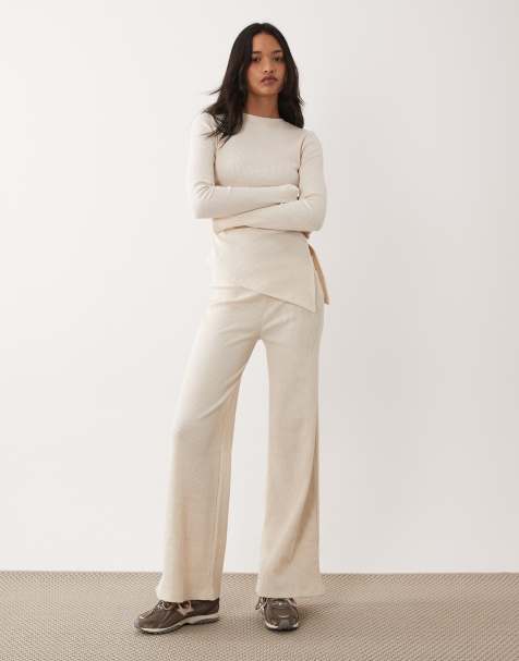 ASOS DESIGN ribbed wide leg pants in cream - part of a set - view 1