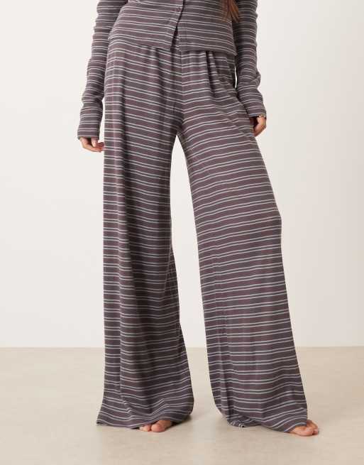 ASOS DESIGN ribbed wide leg trouser in grey & blue stripe