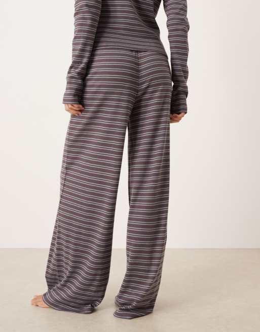 ASOS DESIGN ribbed wide leg trouser in grey & blue stripe