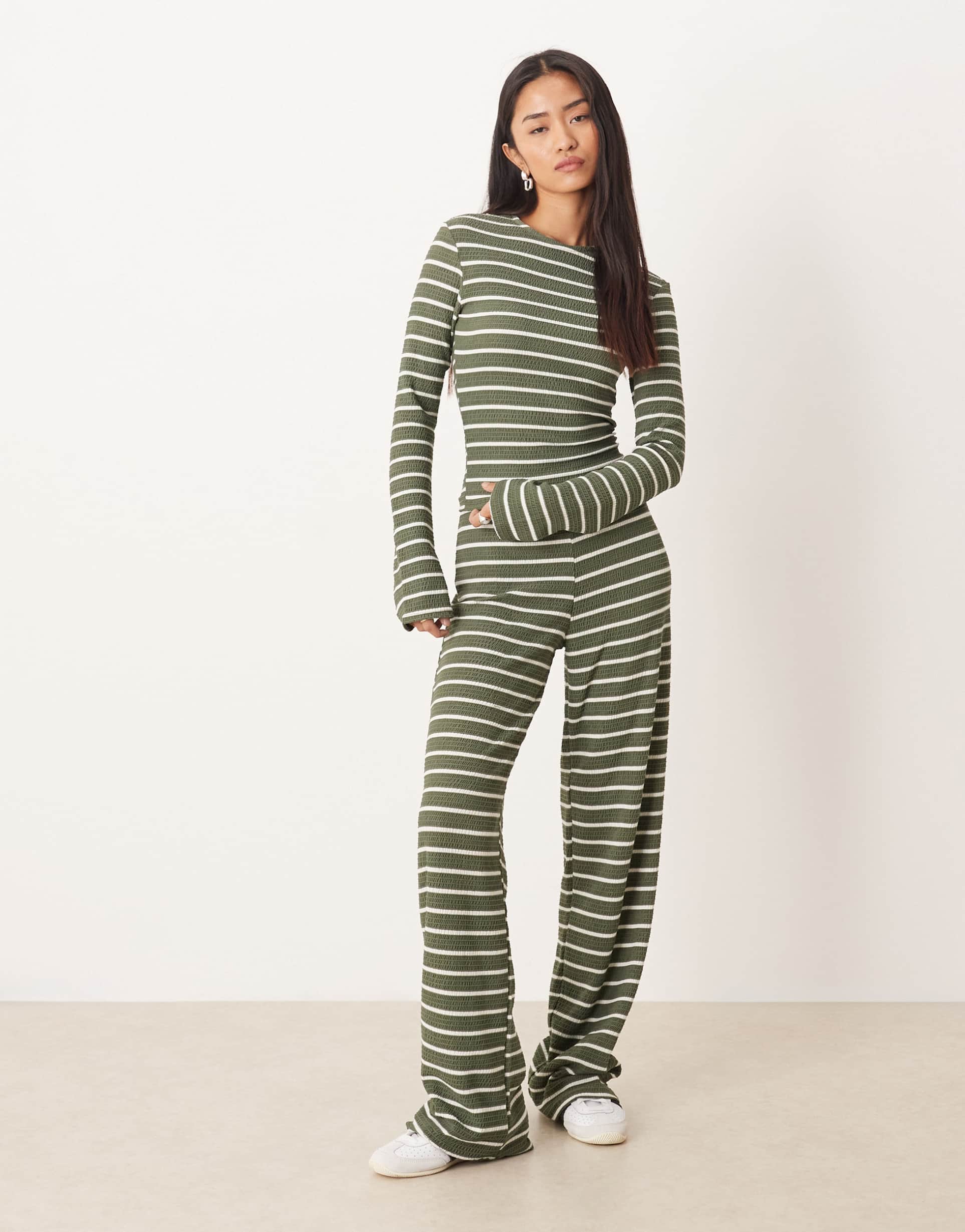 asos design ribbed wide leg pants in khaki stripe - part of a set