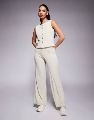 Asos Design Ribbed Wide Leg Pants In Neutral